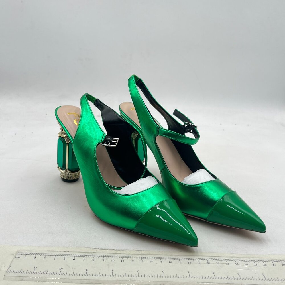 FSJ Green Slingback Crystal High Heel Pointed Toe Ankle Strap Dress Pumps - Picture 4 of 8